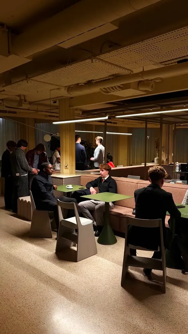 Young founders deep in conversation at green tables